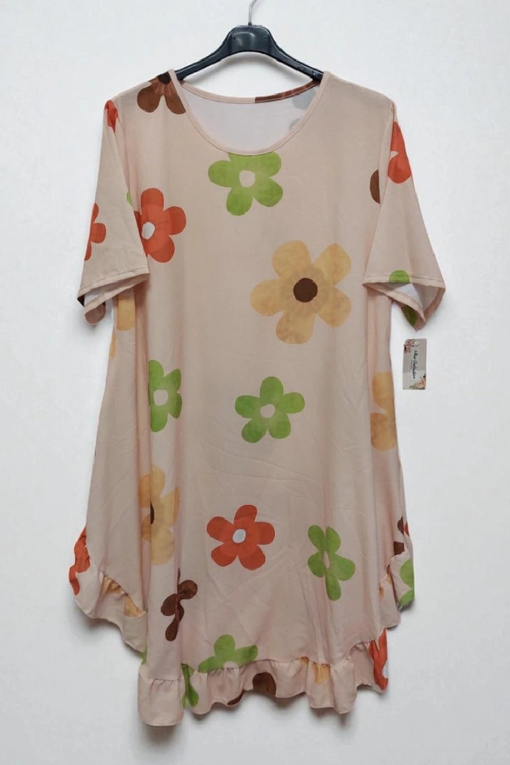 Daisy Floral Frill Hem Tunic Dress 2 Side Inside Pockets