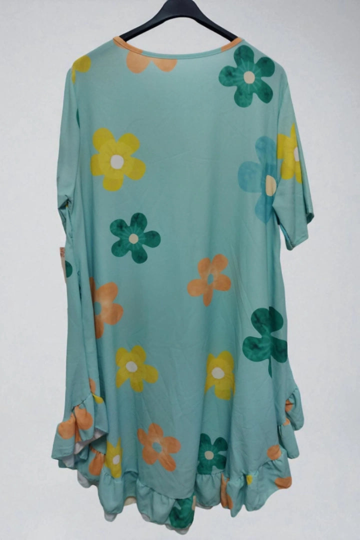 Daisy Floral Frill Hem Tunic Dress 2 Side Inside Pockets