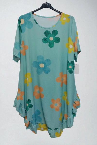 Daisy Floral Frill Hem Tunic Dress 2 Side Inside Pockets