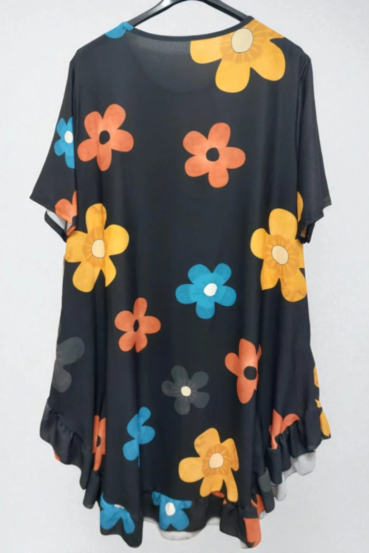 Daisy Floral Frill Hem Tunic Dress 2 Side Inside Pockets