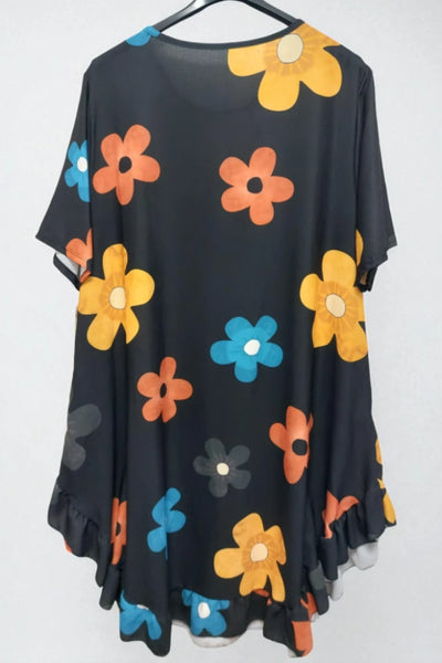 Daisy Floral Frill Hem Tunic Dress 2 Side Inside Pockets
