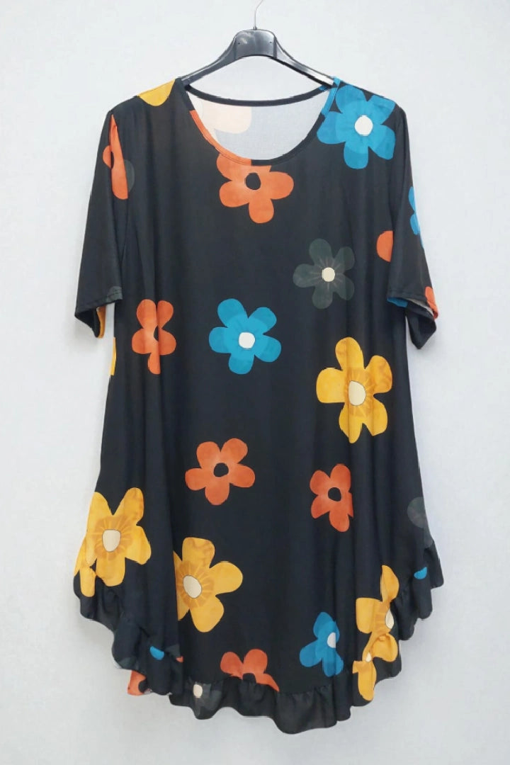 Daisy Floral Frill Hem Tunic Dress 2 Side Inside Pockets
