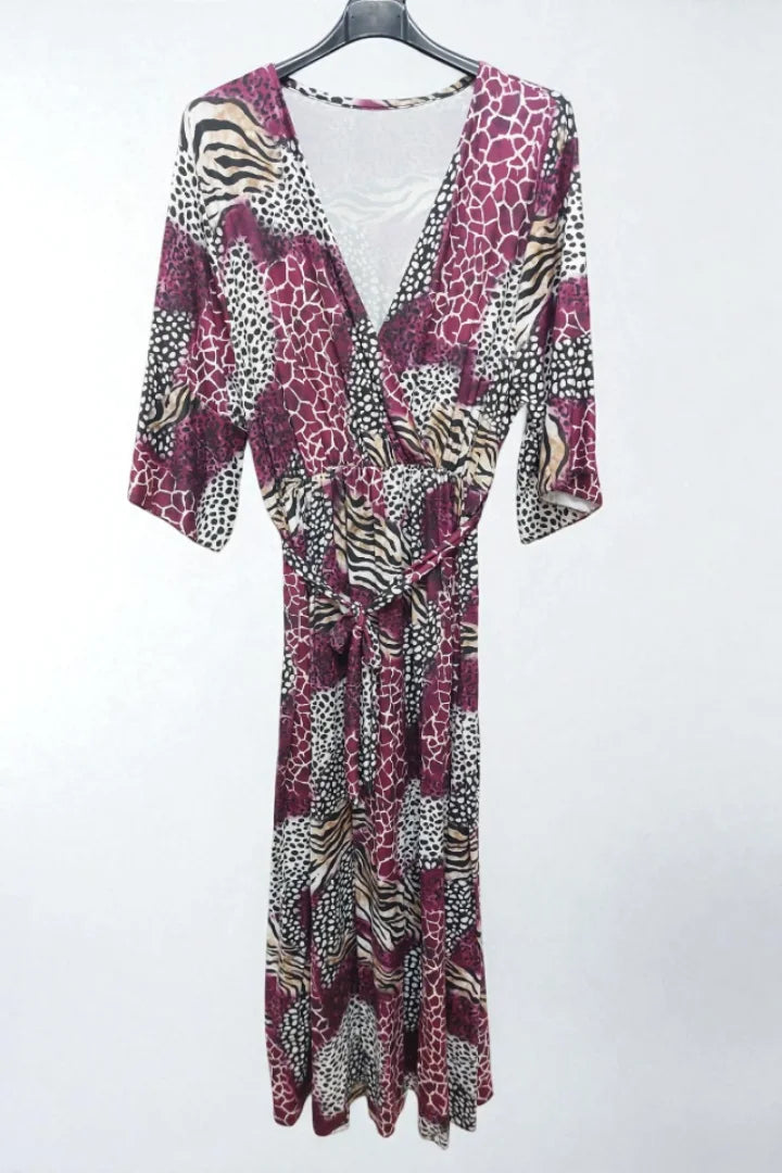 Animal Printed Wrap Over Belted Maxi Dress Elasticated Waist