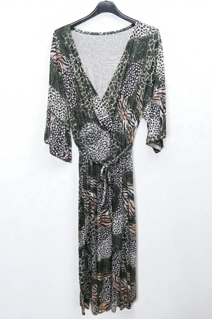 Animal Printed Wrap Over Belted Maxi Dress Elasticated Waist