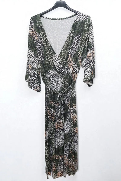 Animal Printed Wrap Over Belted Maxi Dress Elasticated Waist