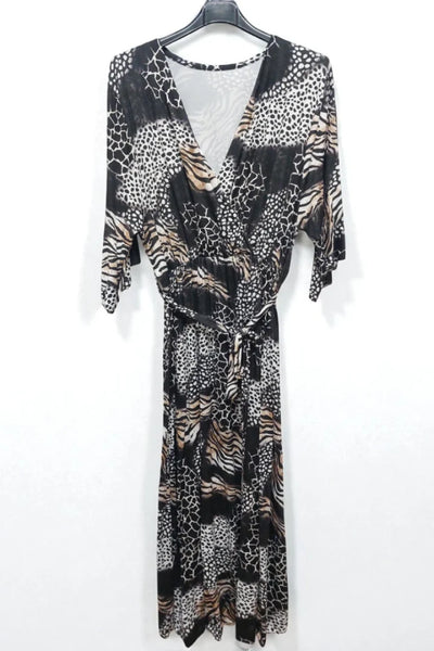 Animal Printed Wrap Over Belted Maxi Dress Elasticated Waist