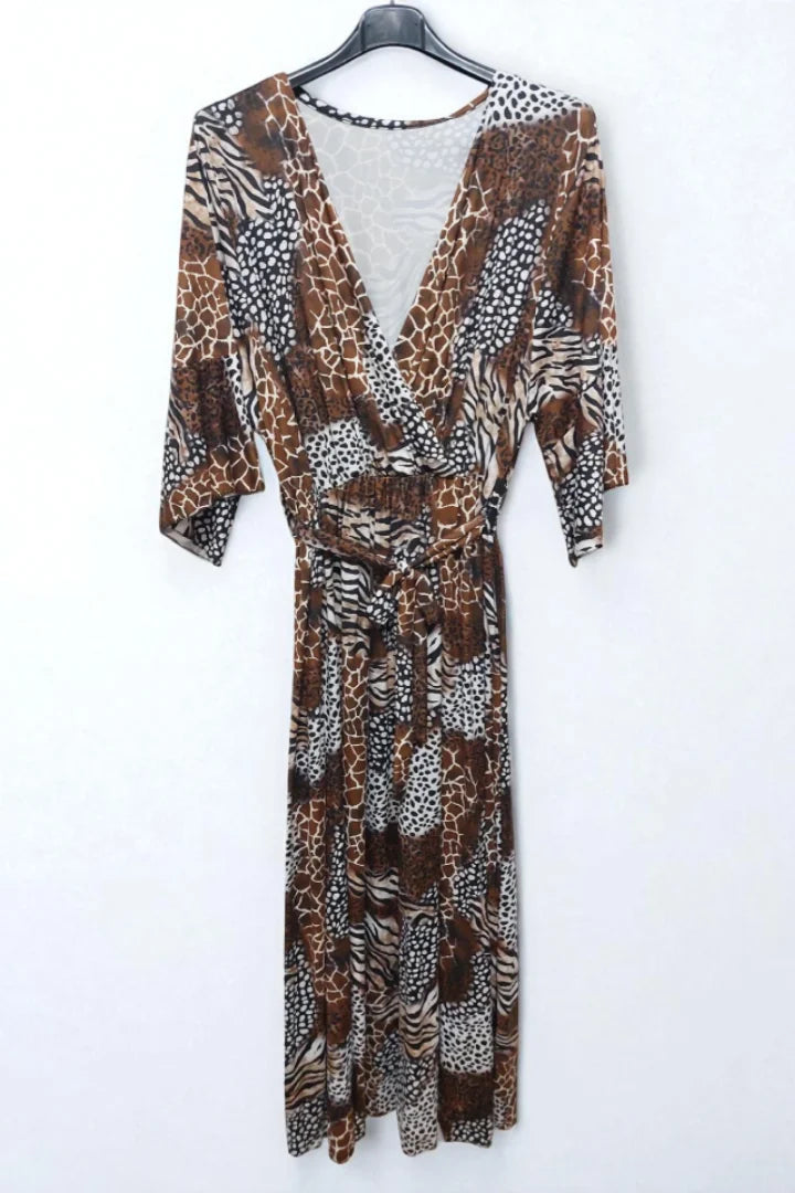 Animal Printed Wrap Over Belted Maxi Dress Elasticated Waist