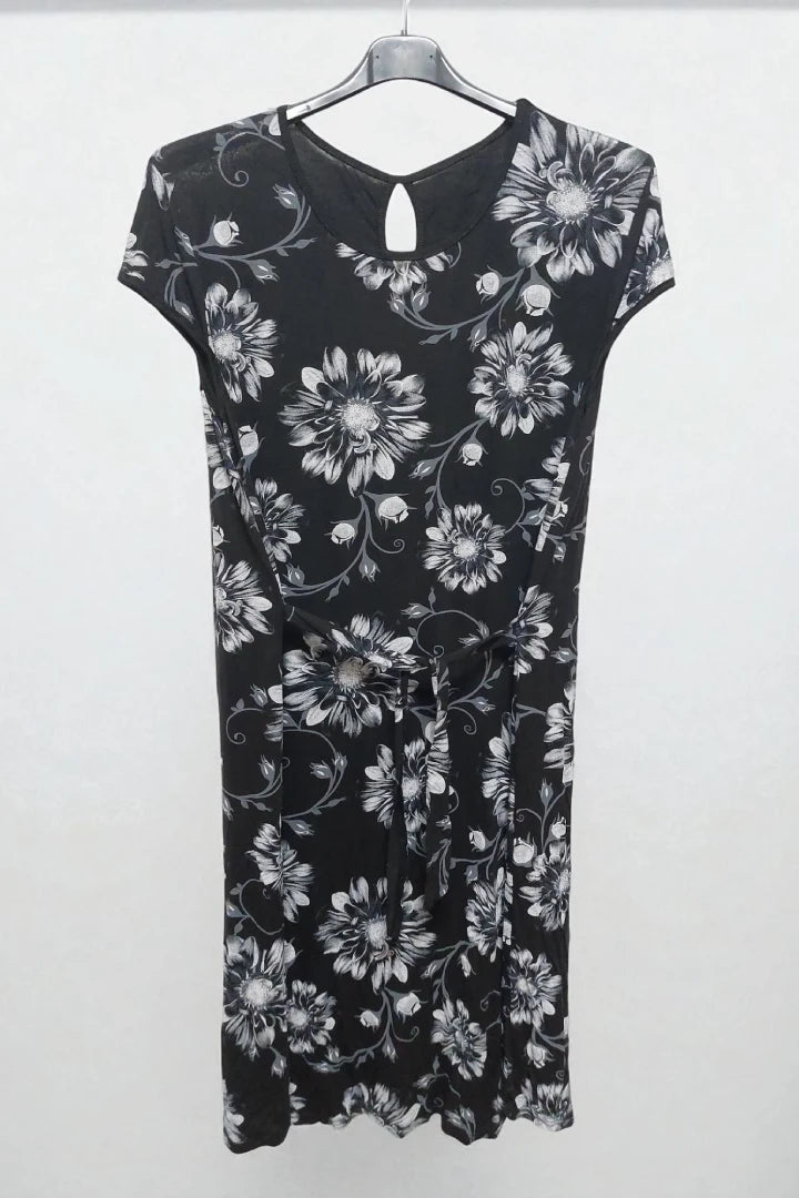 Round Neck Floral Print Hole Bow Tie Waist Midi Dress Cap Sleeve