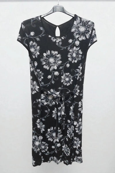 Round Neck Floral Print Hole Bow Tie Waist Midi Dress Cap Sleeve