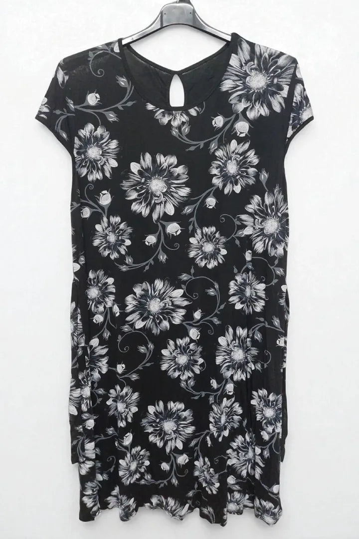 Round Neck Floral Print Hole Bow Tie Waist Midi Dress Cap Sleeve