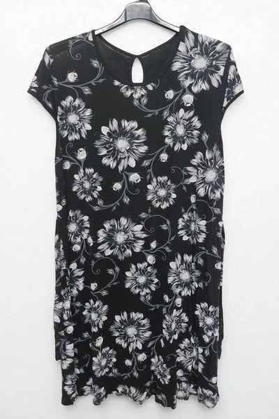 Round Neck Floral Print Hole Bow Tie Waist Midi Dress Cap Sleeve