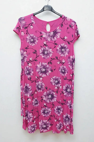 Round Neck Floral Print Hole Bow Tie Waist Midi Dress Cap Sleeve