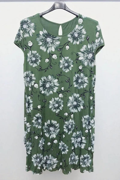 Round Neck Floral Print Hole Bow Tie Waist Midi Dress Cap Sleeve