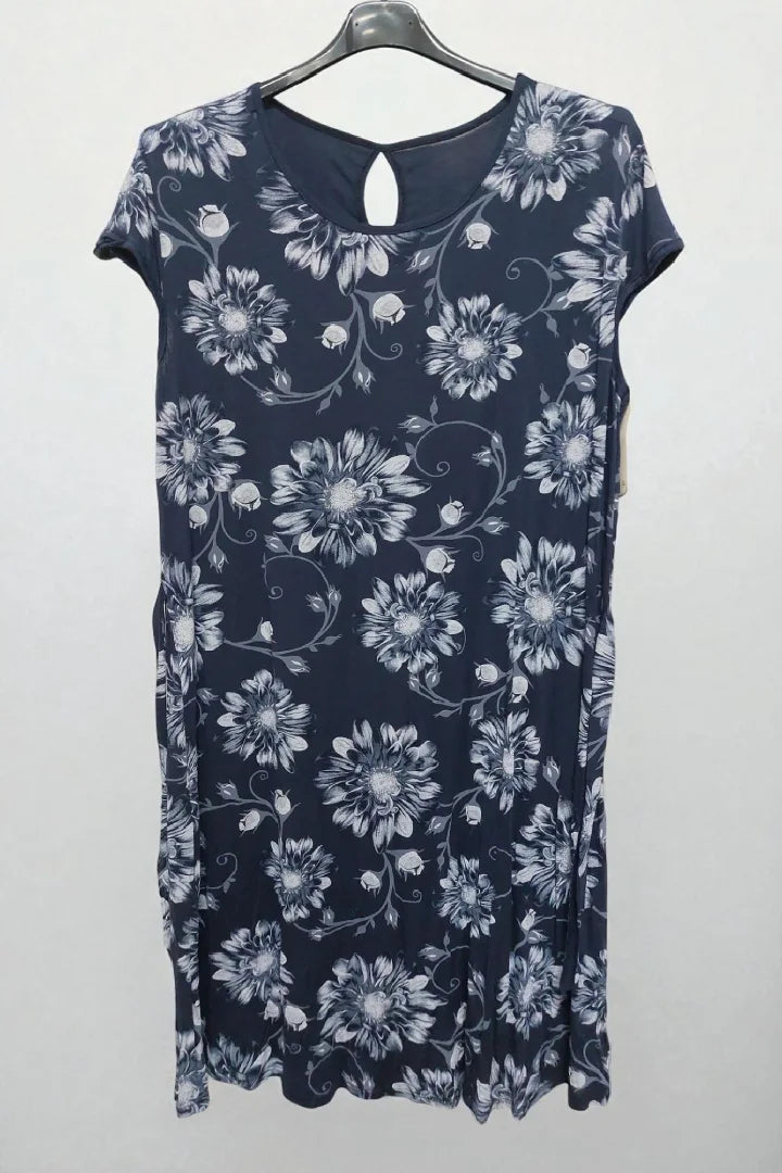 Round Neck Floral Print Hole Bow Tie Waist Midi Dress Cap Sleeve