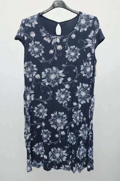 Round Neck Floral Print Hole Bow Tie Waist Midi Dress Cap Sleeve