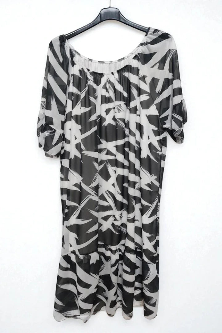 Off shoulder Printed Frill Short Sleeve Lining Inside Midi Dress