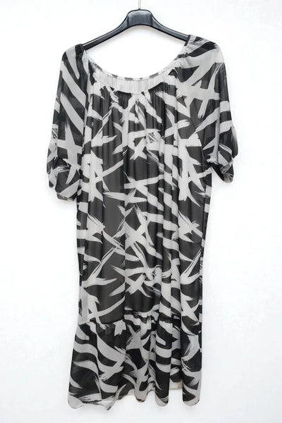 Off shoulder Printed Frill Short Sleeve Lining Inside Midi Dress