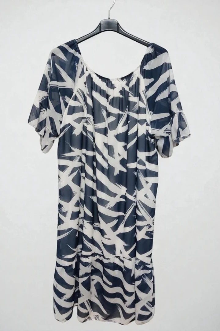 Off shoulder Printed Frill Short Sleeve Lining Inside Midi Dress