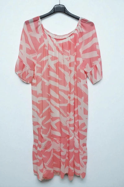 Off shoulder Printed Frill Short Sleeve Lining Inside Midi Dress