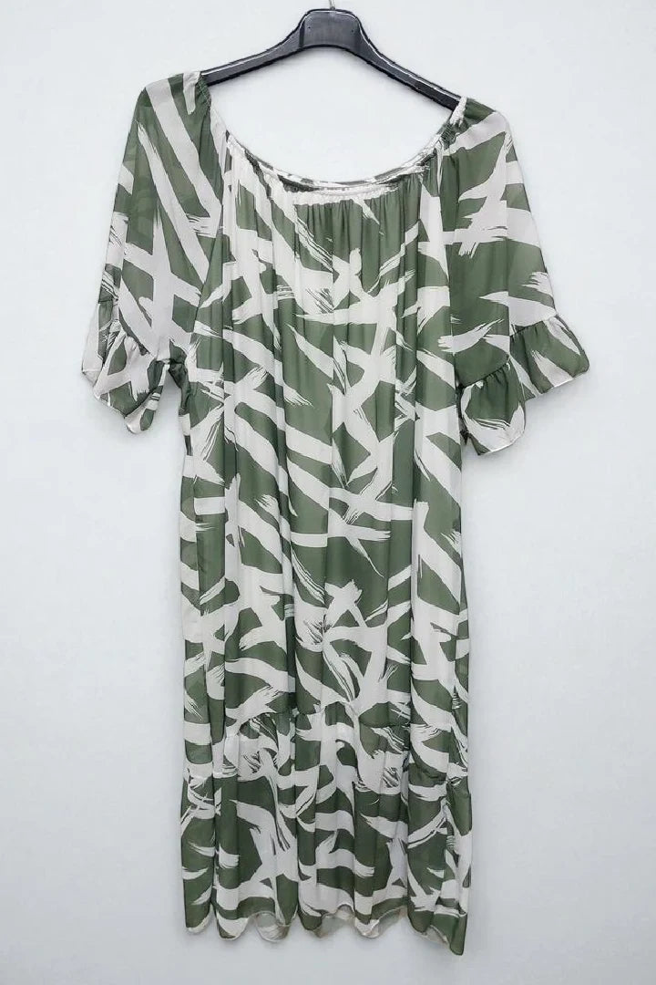 Off shoulder Printed Frill Short Sleeve Lining Inside Midi Dress