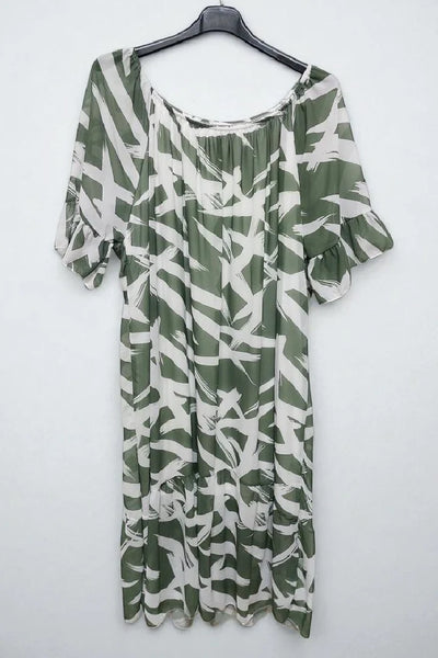 Off shoulder Printed Frill Short Sleeve Lining Inside Midi Dress