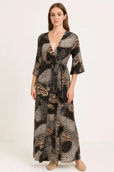Animal Printed Wrap Over Belted Maxi Dress Elasticated Waist