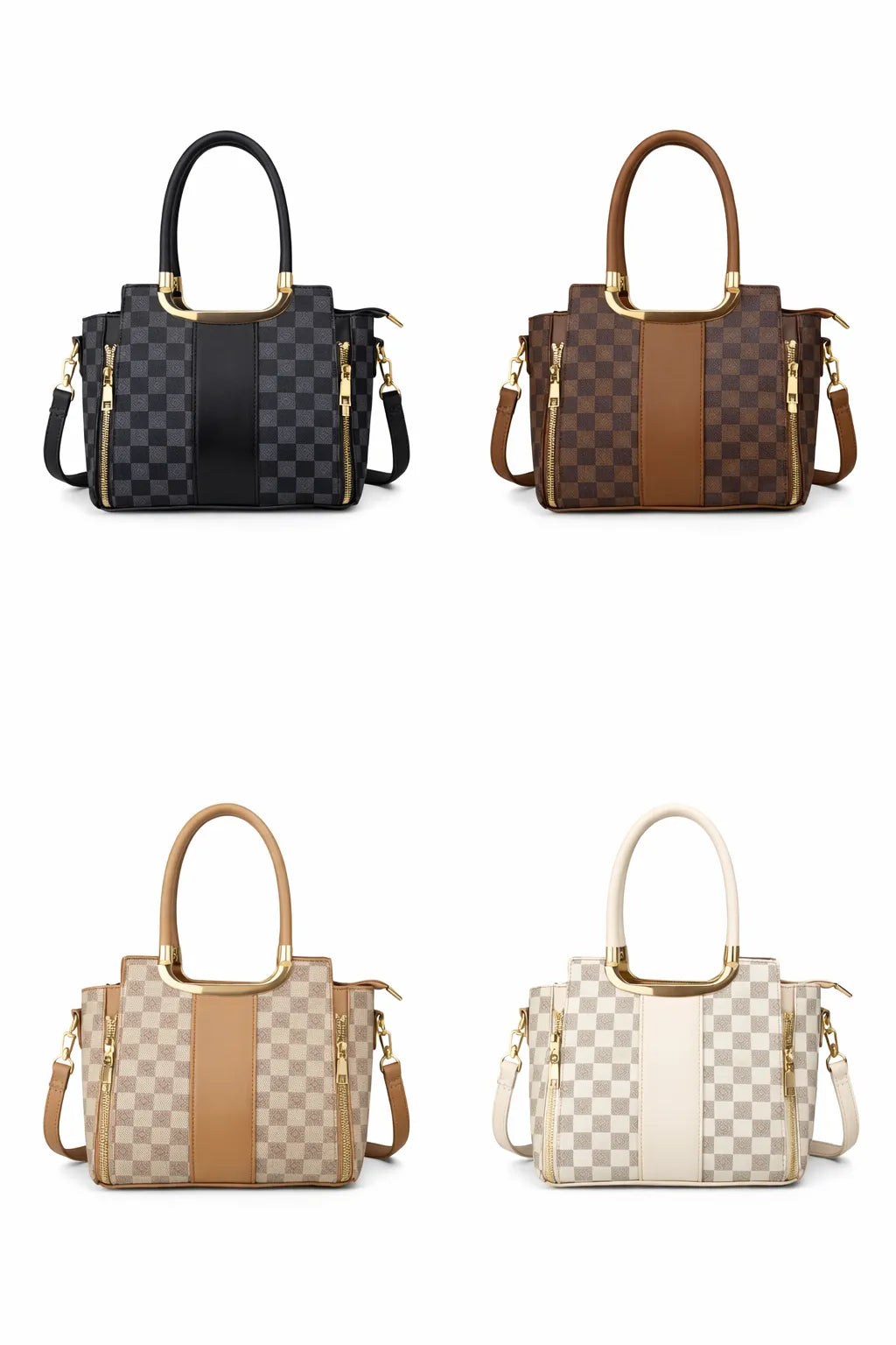 Womens Structured Checked Tote Handbag with Zip Compartments | One Siz ...