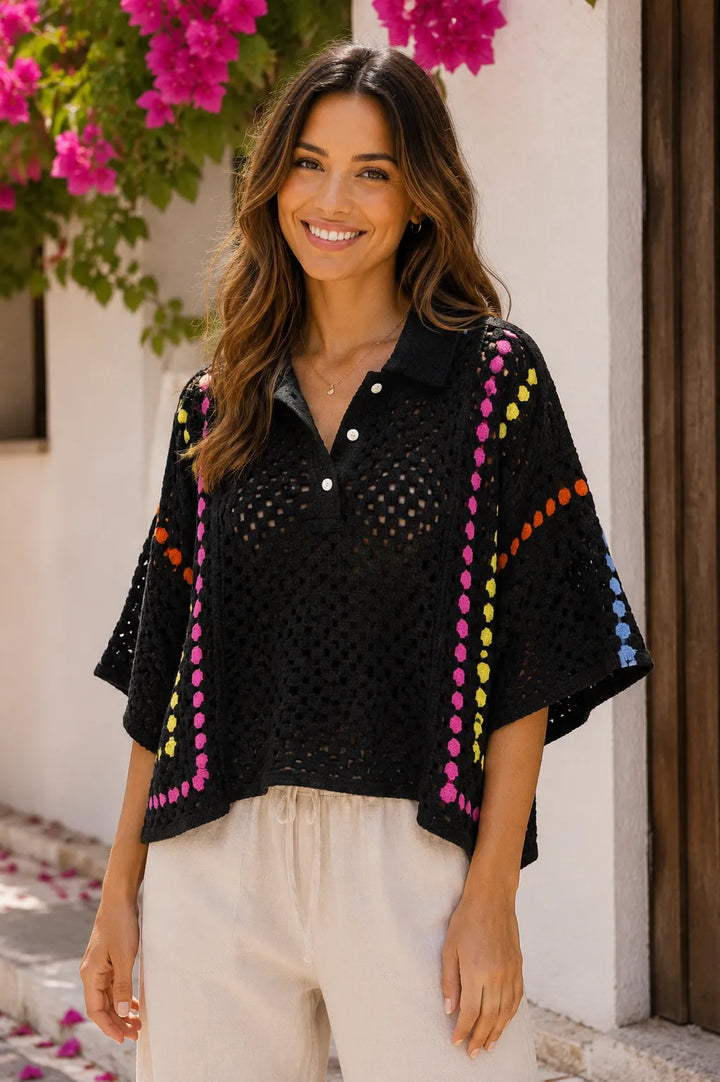 Italian Crochet Knit Polo Top – Oversized Colour Stripe Summer