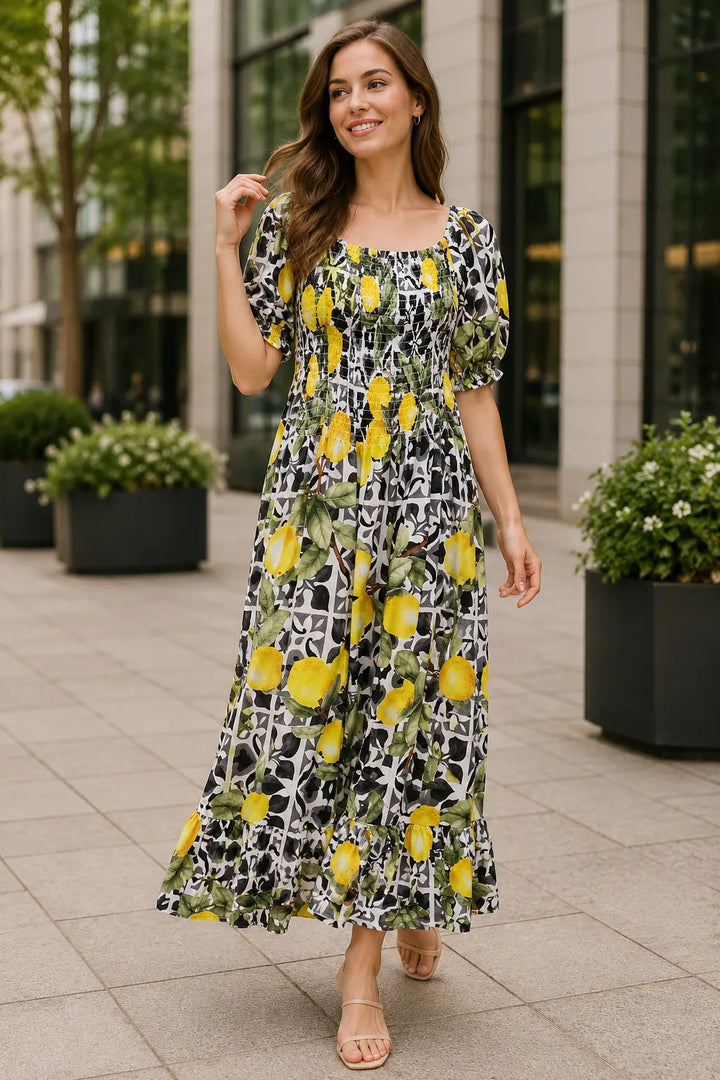 Italian Lemon Print Off Shoulder Midi Dress