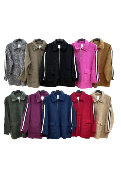 Italian Stripe Zip Pockets Collared Boucle Teddy Long Jacket Coat