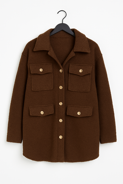 Italian Teddy Boucle Gold Button Fasten Military Style Shacket