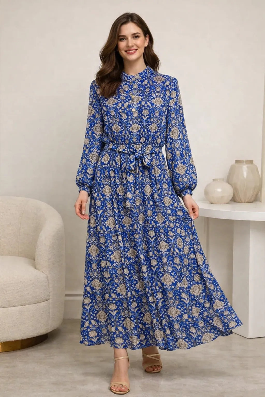 mandarin collar maxi dress Floral Long Sleeve Collared with Tie Waist| MISSBOLD – Miss Bold Bright, breezy, and made Color:Navy with Dots dressing for a special occasion Ivory White