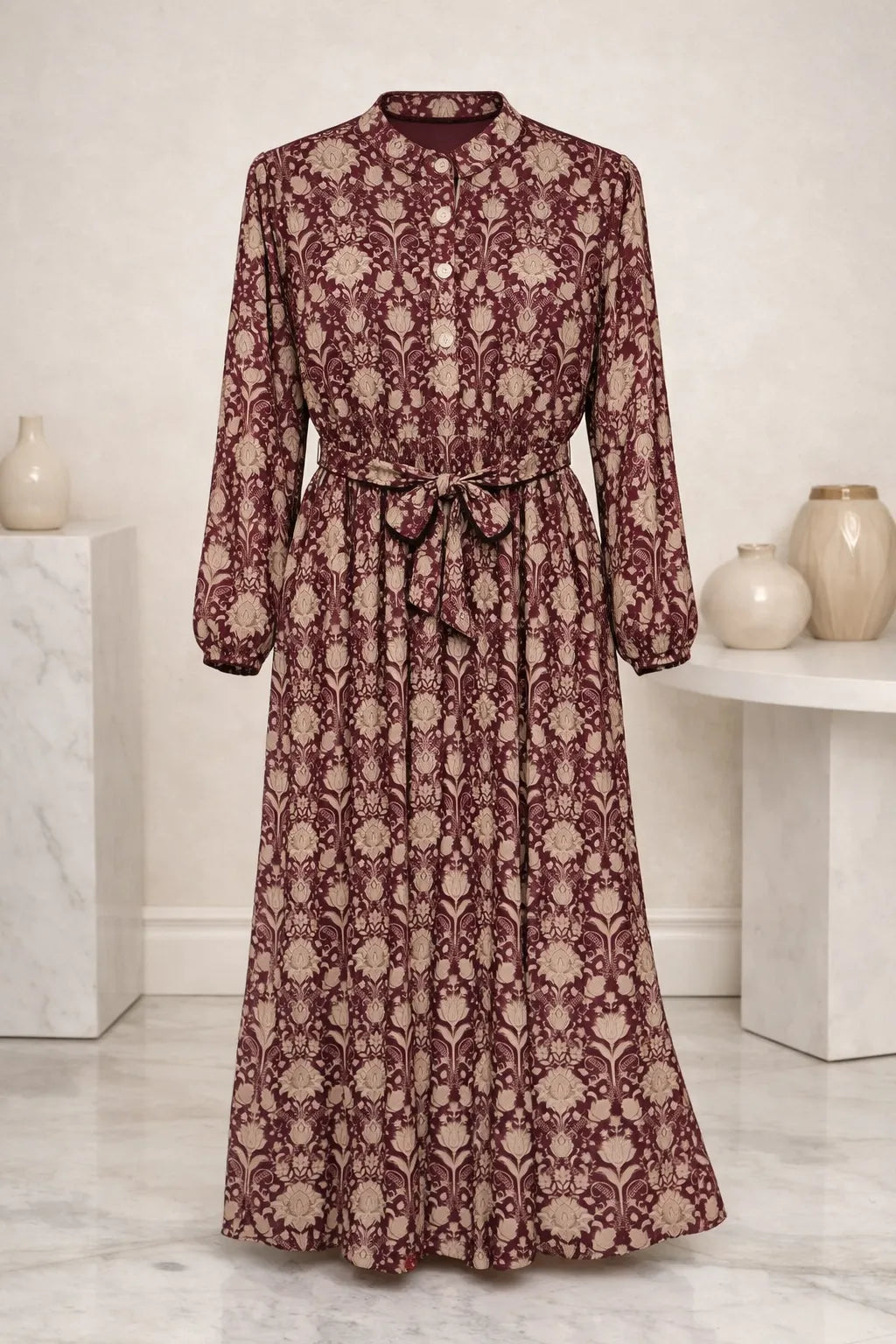 Floral Long Sleeve Collared Maxi Dress with Tie Waist| MISSBOLD – Miss Bold