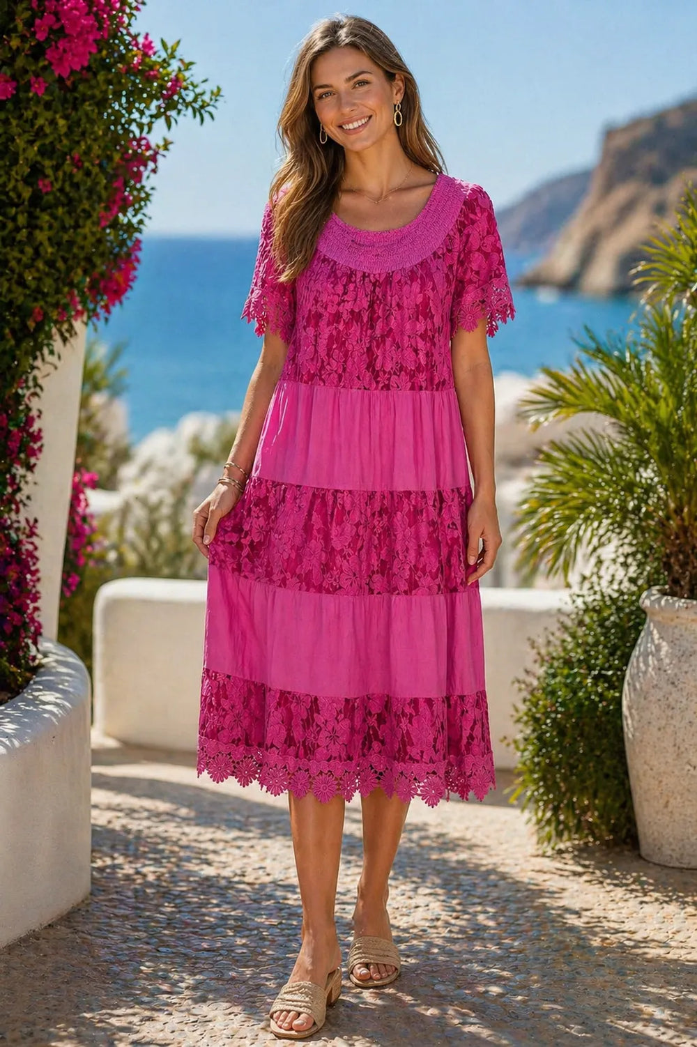 knee length dresses for ladies Italian Summer Tie Neck Midi Dress Olive main image 1
