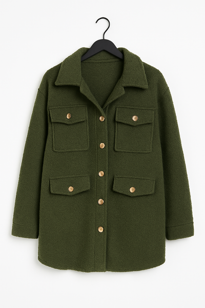 Italian Teddy Boucle Gold Button Fasten Military Style Shacket