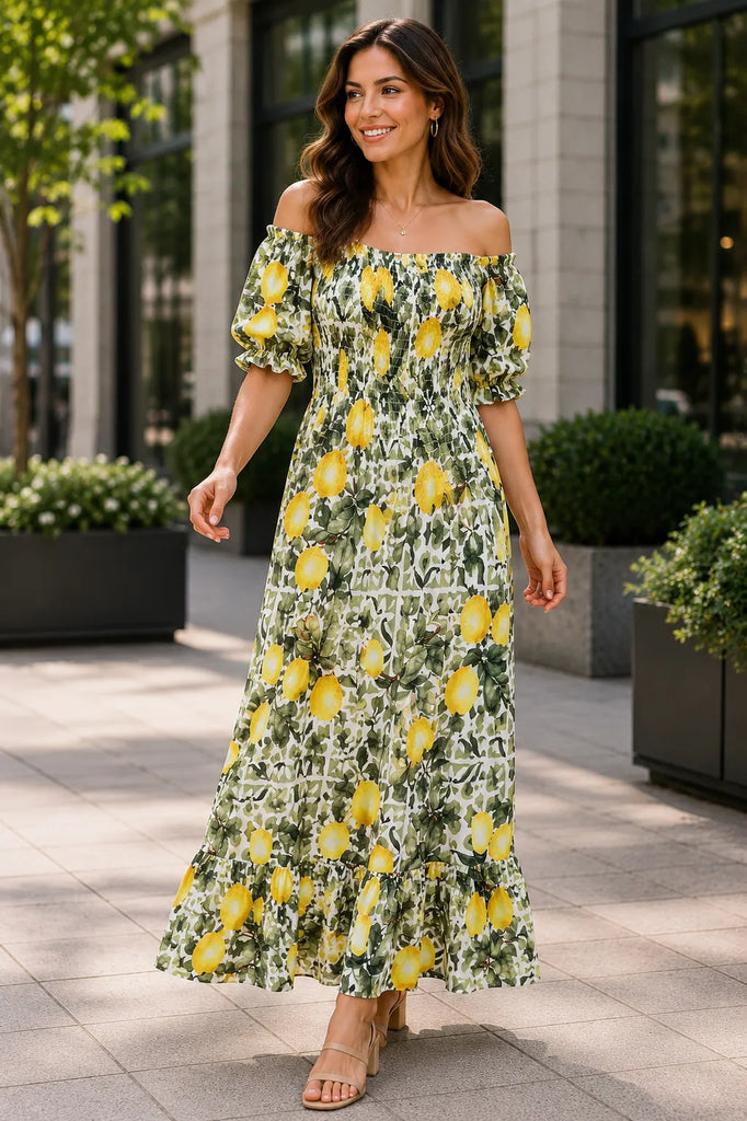 off the shoulder lemon print dress Italian Lemon Print Off Shoulder Midi Dress