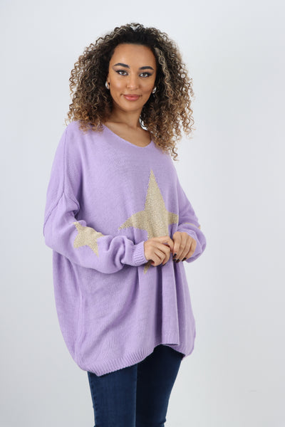 Oversized Sparkle Star Print Sleeve Knitted Jumper Top