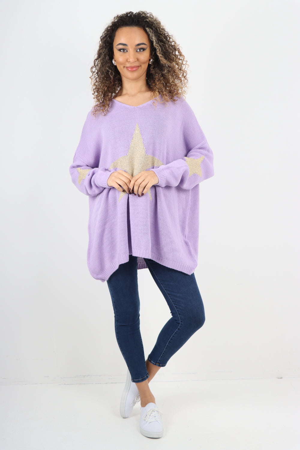 Oversized Sparkle Star Print Sleeve Knitted Jumper Top
