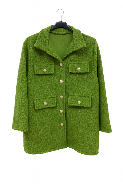 Italian Teddy Boucle Gold Button Fasten Military Style Shacket