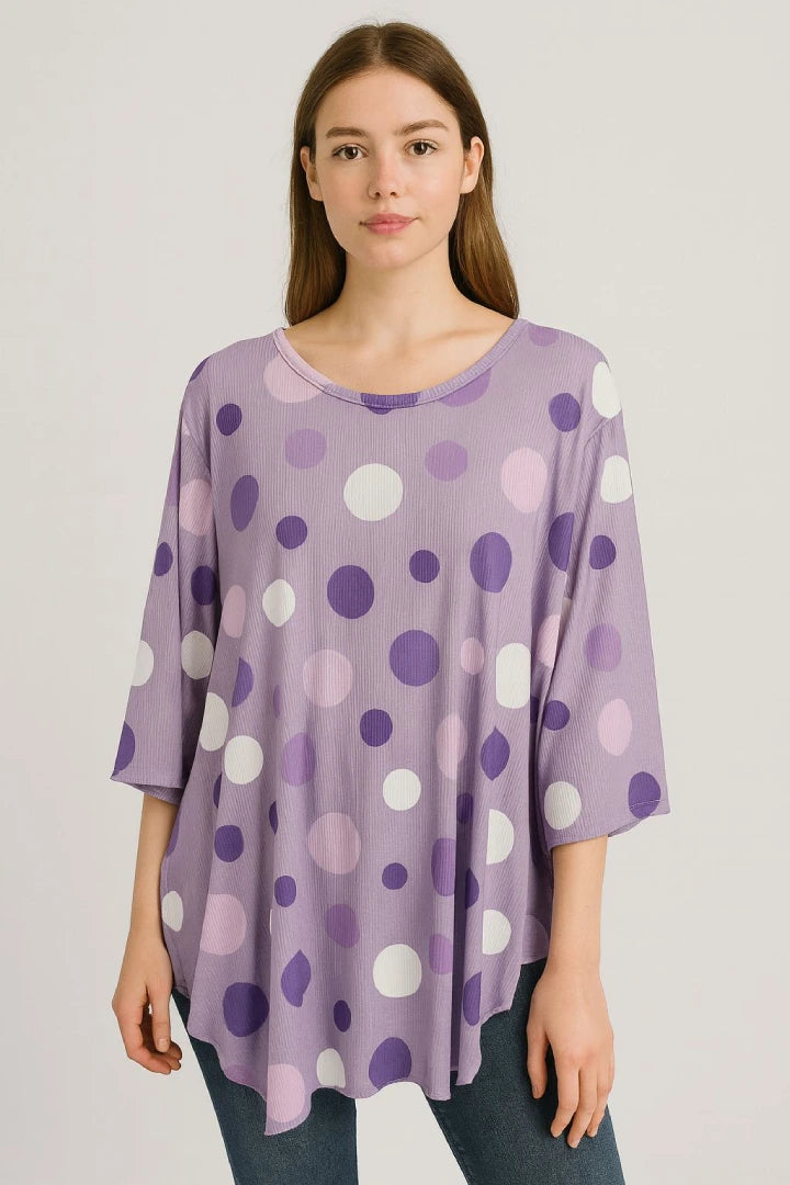 Polka Dot Long-Sleeve Round Neck Oversized Tunic Top