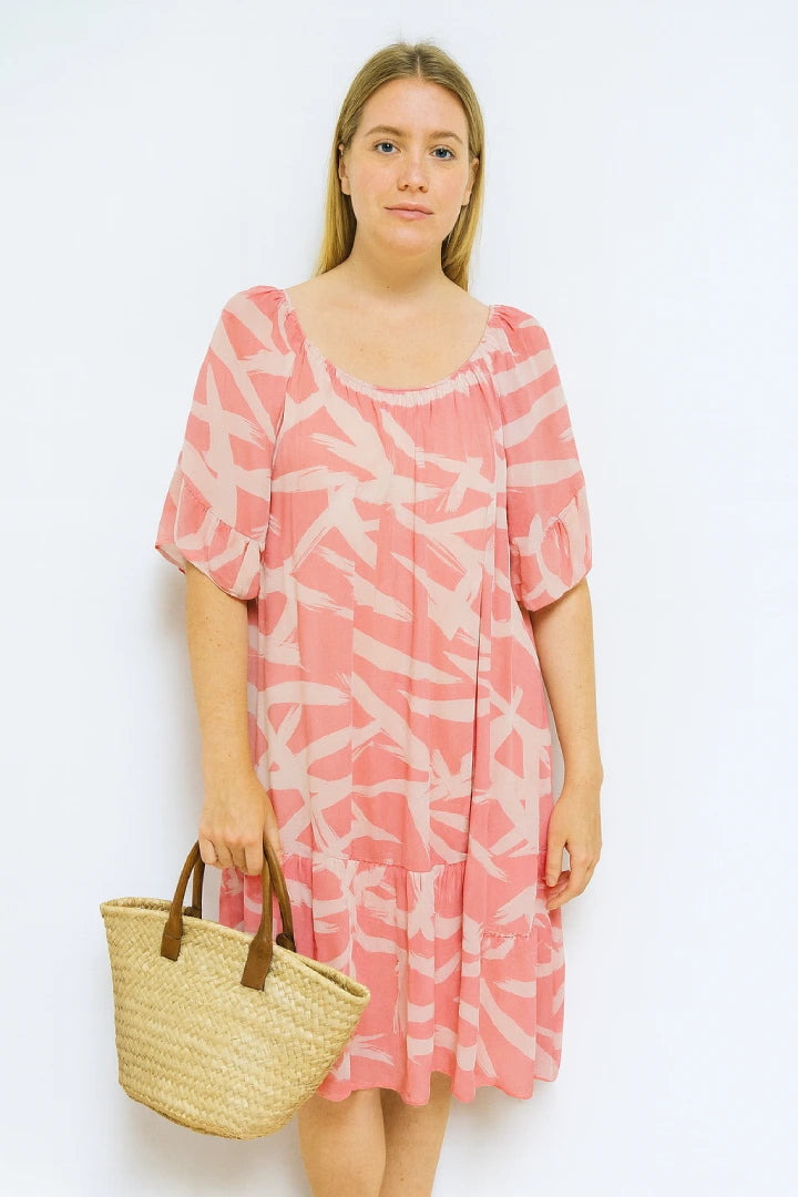 Off shoulder Printed Frill Short Sleeve Lining Inside Midi Dress