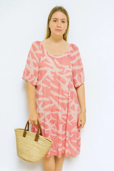 Off shoulder Printed Frill Short Sleeve Lining Inside Midi Dress