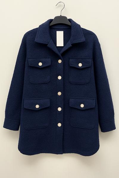 Italian Teddy Boucle Gold Button Fasten Military Style Shacket