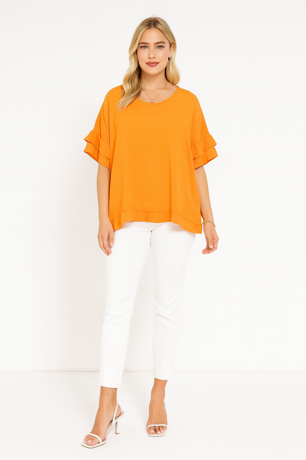 Round Neck Back Button Detail Frill Short Sleeve Top