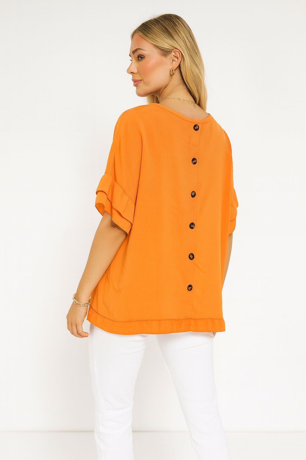 Round Neck Back Button Detail Frill Short Sleeve Top