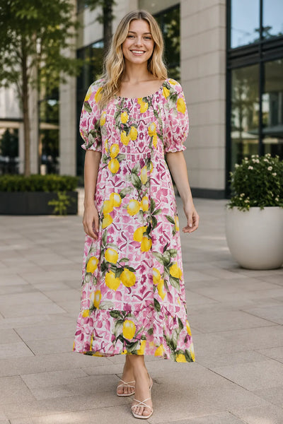 pink lemon print dress Brooke