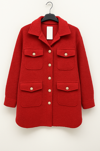 Italian Teddy Boucle Gold Button Fasten Military Style Shacket