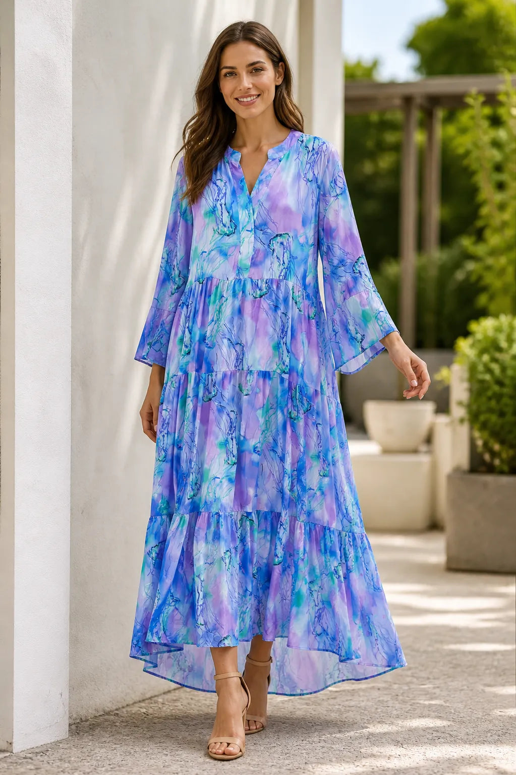 tiered midi dress uk Italian Womens Tiered Maxi Dress – Watercolour Print Summer Dress UK – Miss  Bold