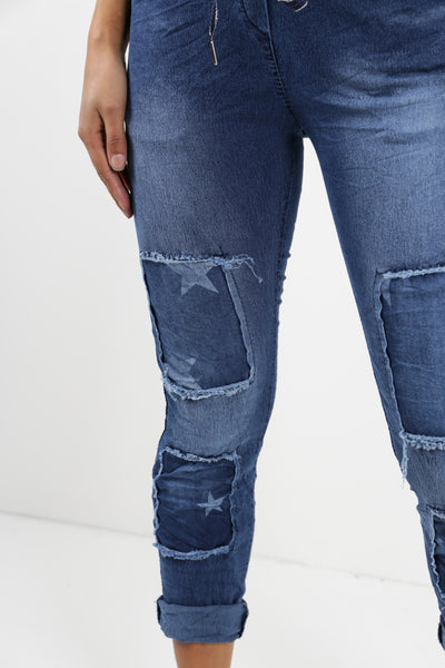 Italian Tie Distressed Star Print Denim Jeans