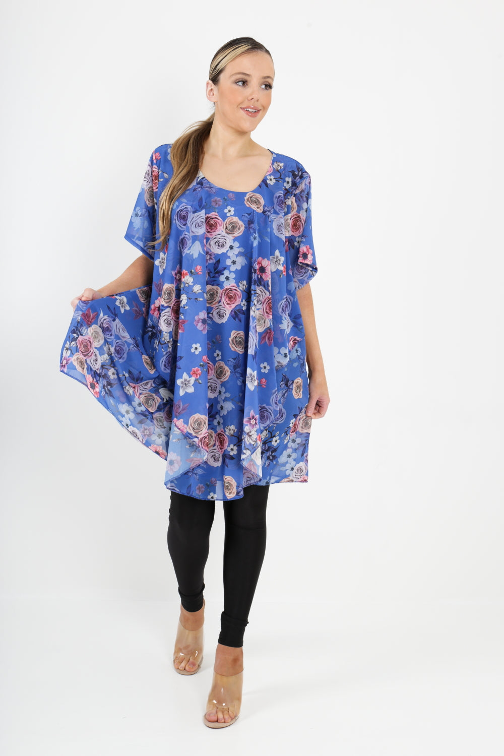 Italian Floral Print Double Layered Short Sleeve Top